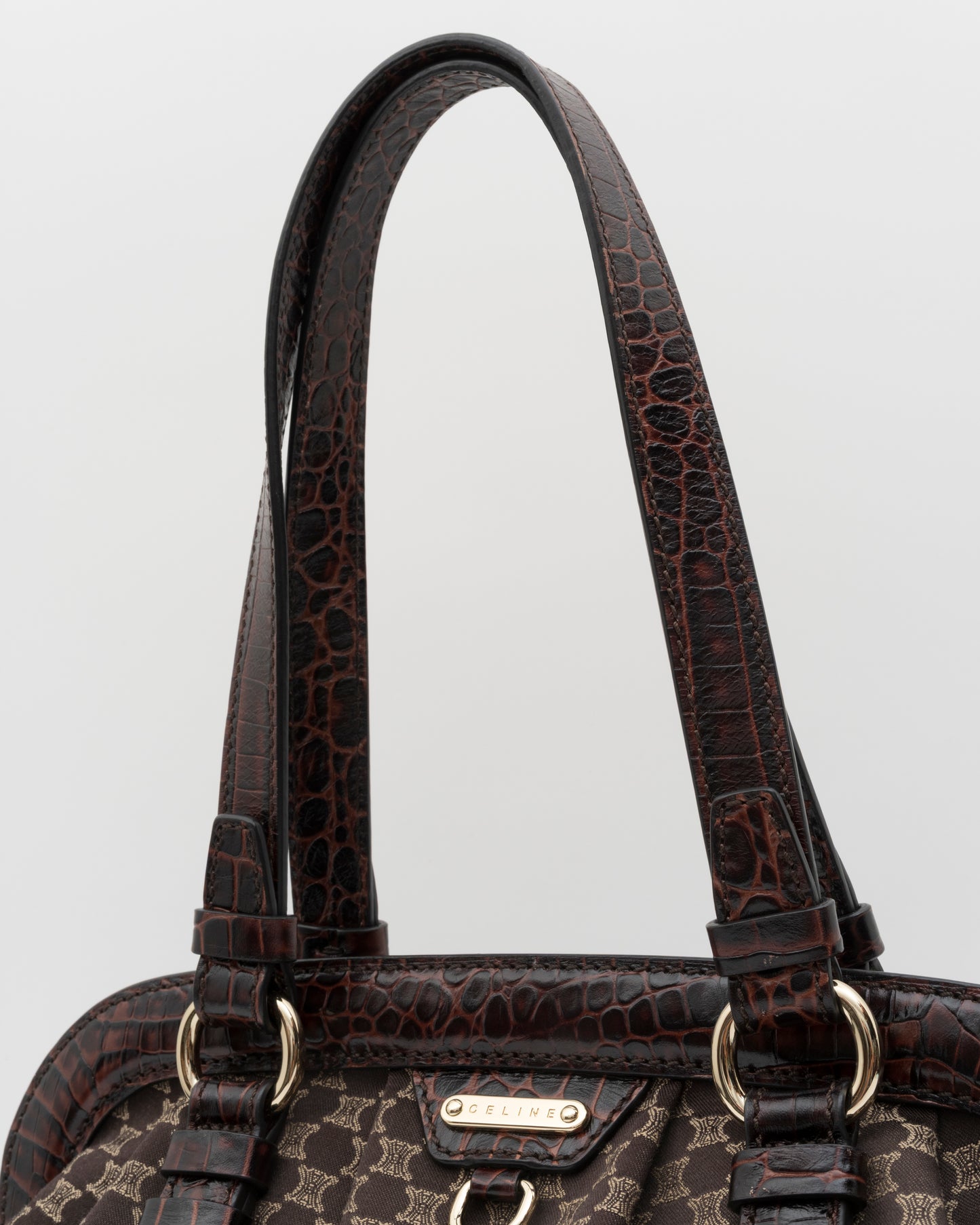 2000s CELINE Brown Triomphe Jacquard & Croc Bag