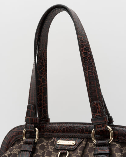 2000s CELINE Brown Triomphe Jacquard & Croc Bag