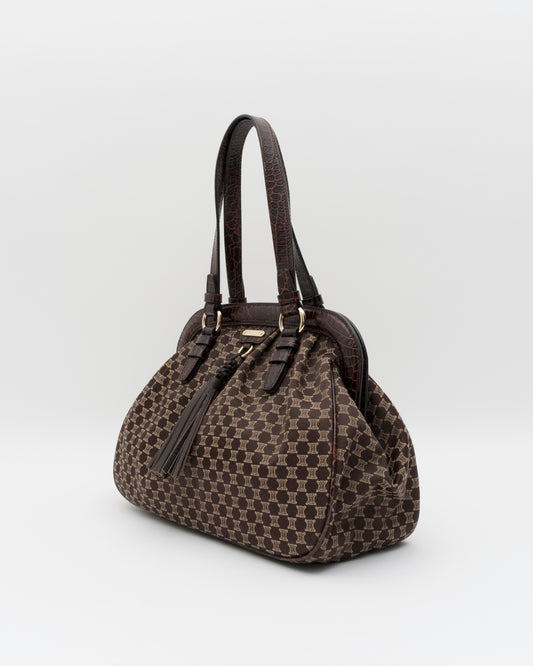 2000s CELINE Brown Triomphe Jacquard & Croc Bag