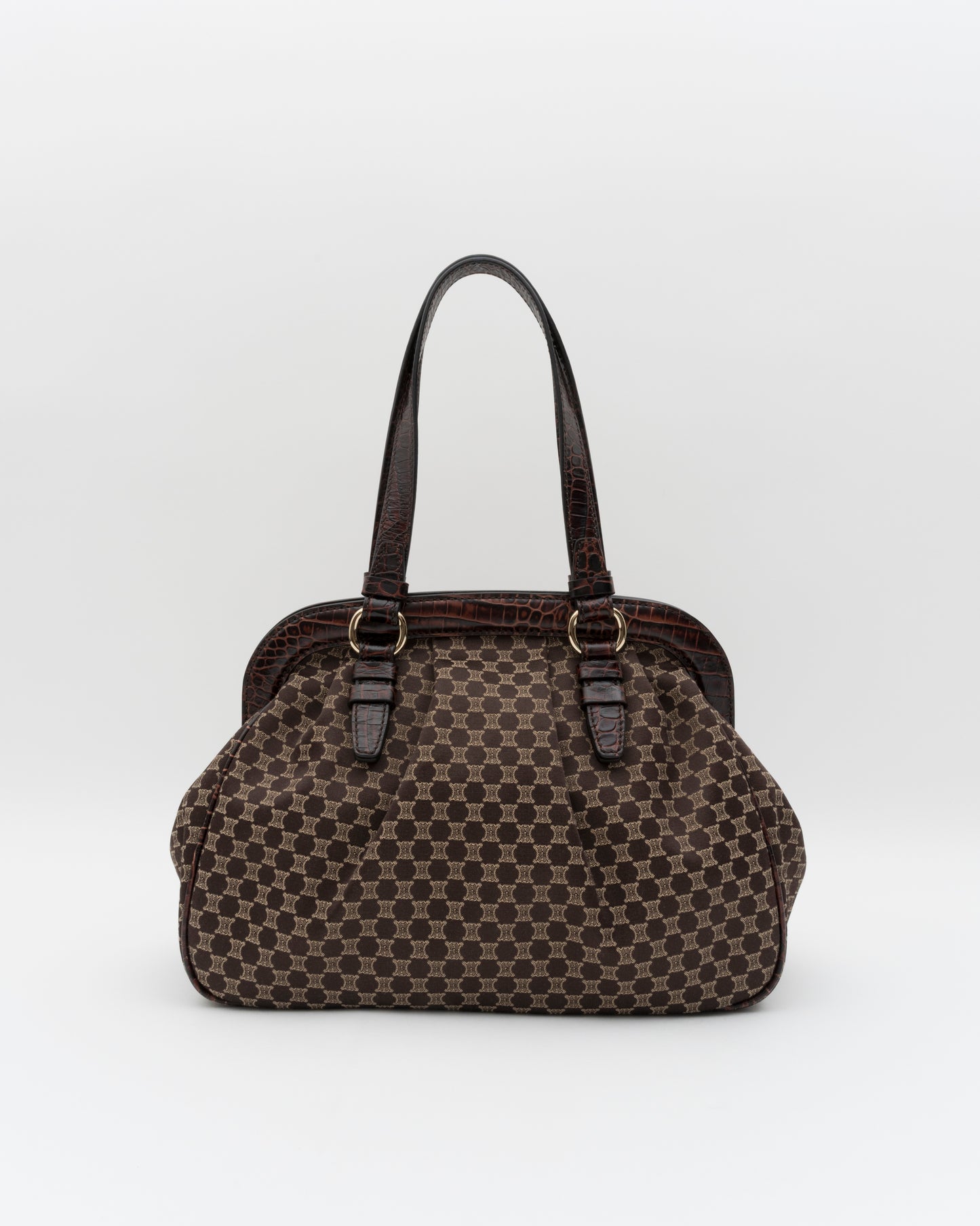 2000s CELINE Brown Triomphe Jacquard & Croc Bag