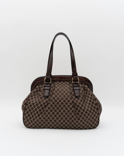 2000s CELINE Brown Triomphe Jacquard & Croc Bag