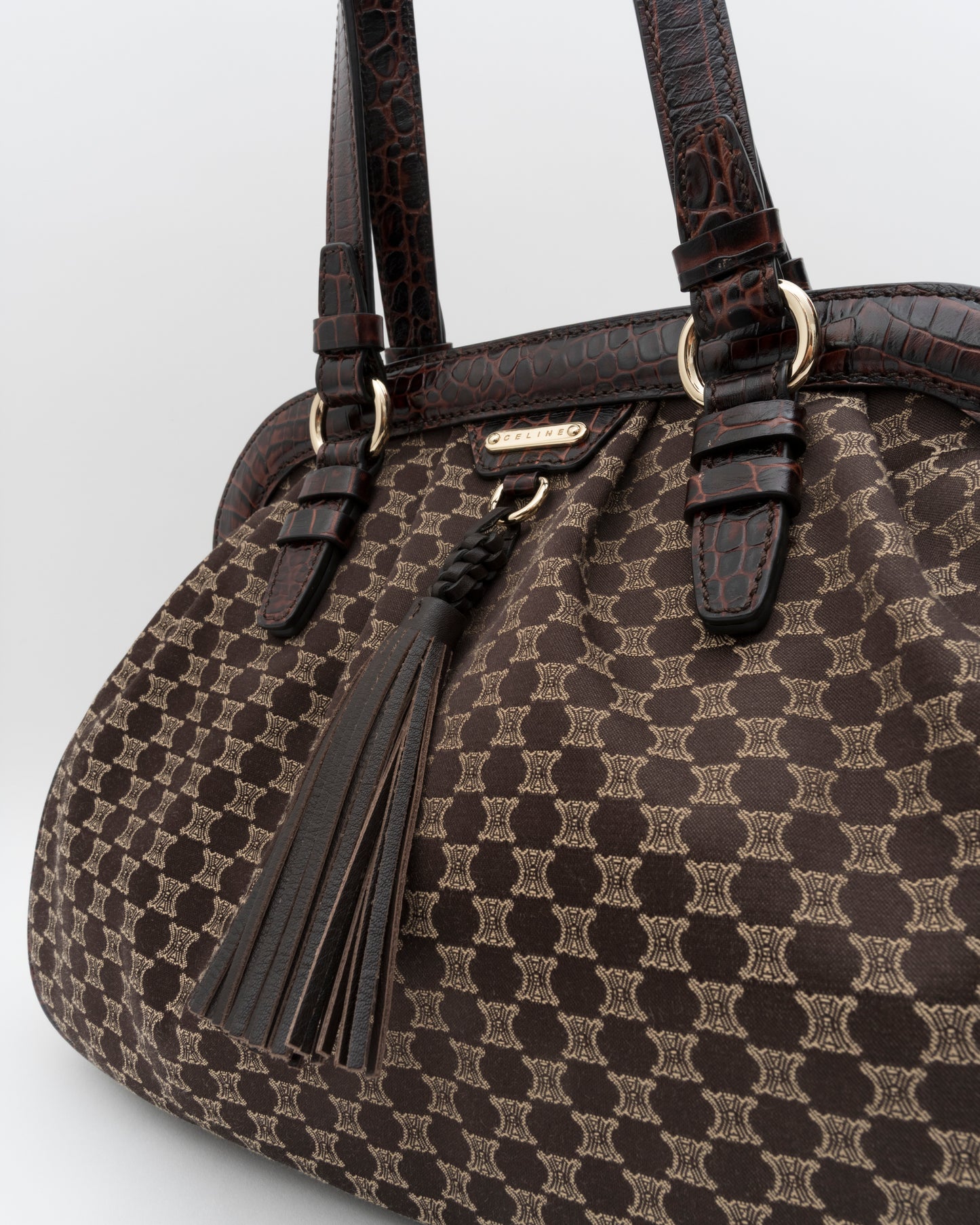 2000s CELINE Brown Triomphe Jacquard & Croc Bag