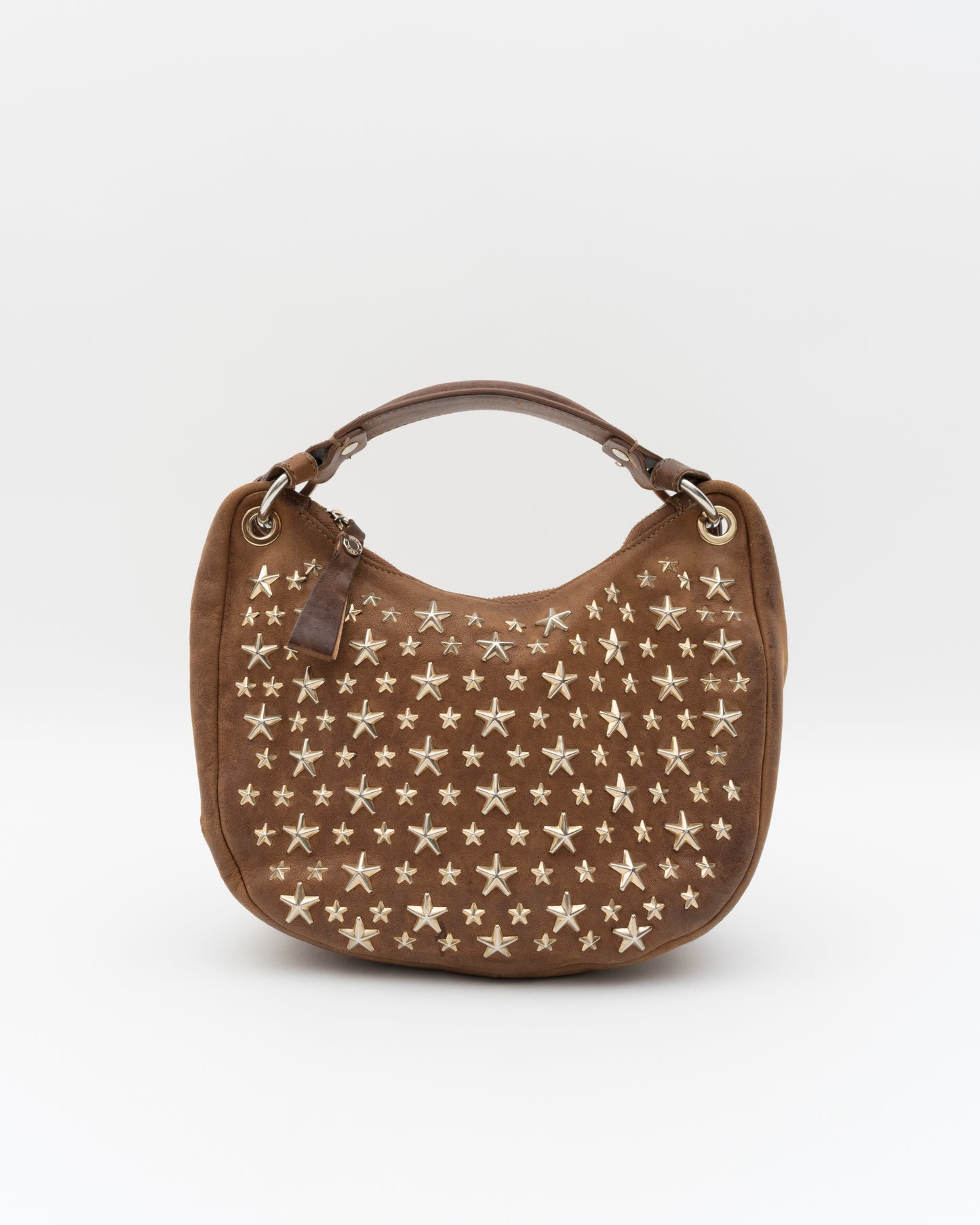 2000s JIMMY CHOO Cognac Star Studded Leather Crescent Two-Way Bag
