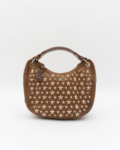 2000s JIMMY CHOO Cognac Star Studded Leather Crescent Two-Way Bag