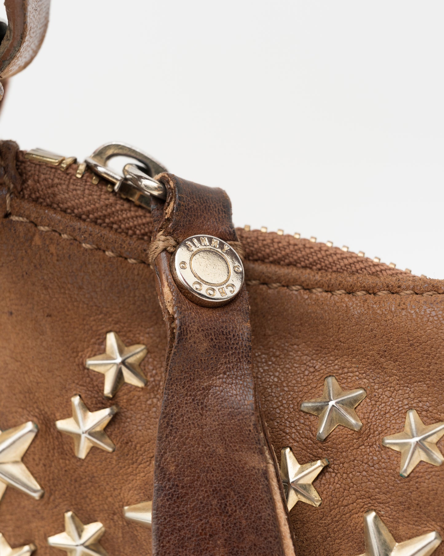 2000s JIMMY CHOO Cognac Star Studded Leather Crescent Two-Way Bag