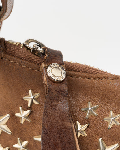 2000s JIMMY CHOO Cognac Star Studded Leather Crescent Two-Way Bag
