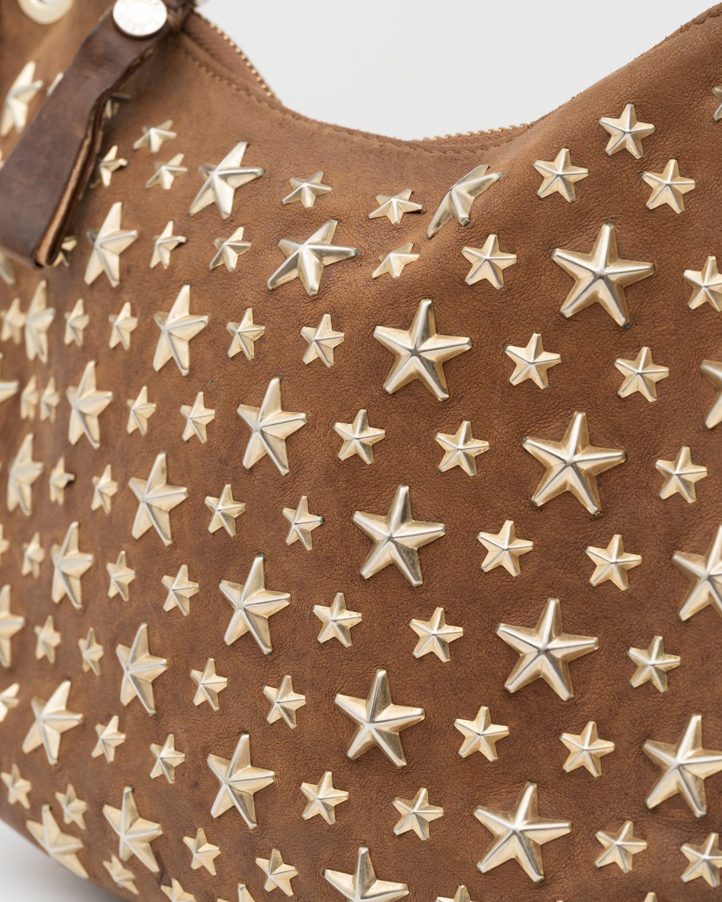 2000s JIMMY CHOO Cognac Star Studded Leather Crescent Two-Way Bag