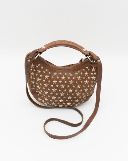 2000s JIMMY CHOO Cognac Star Studded Leather Crescent Two-Way Bag