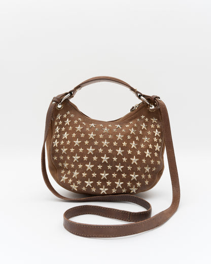 2000s JIMMY CHOO Cognac Star Studded Leather Crescent Two-Way Bag