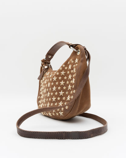 2000s JIMMY CHOO Cognac Star Studded Leather Crescent Two-Way Bag