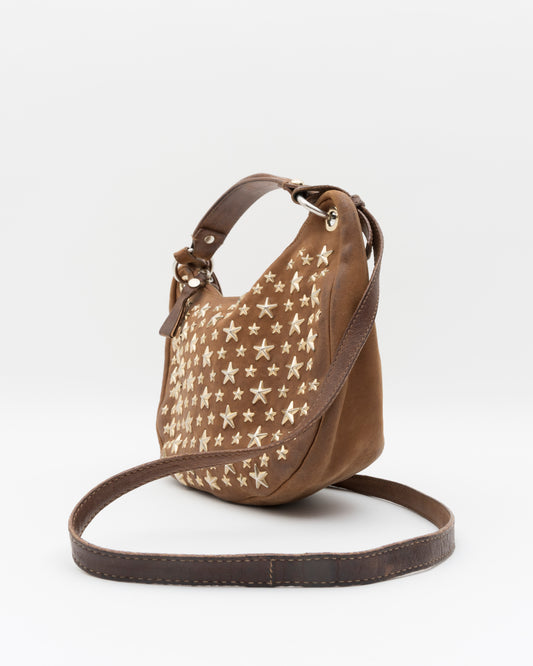 2000s JIMMY CHOO Cognac Star Studded Leather Crescent Two-Way Bag