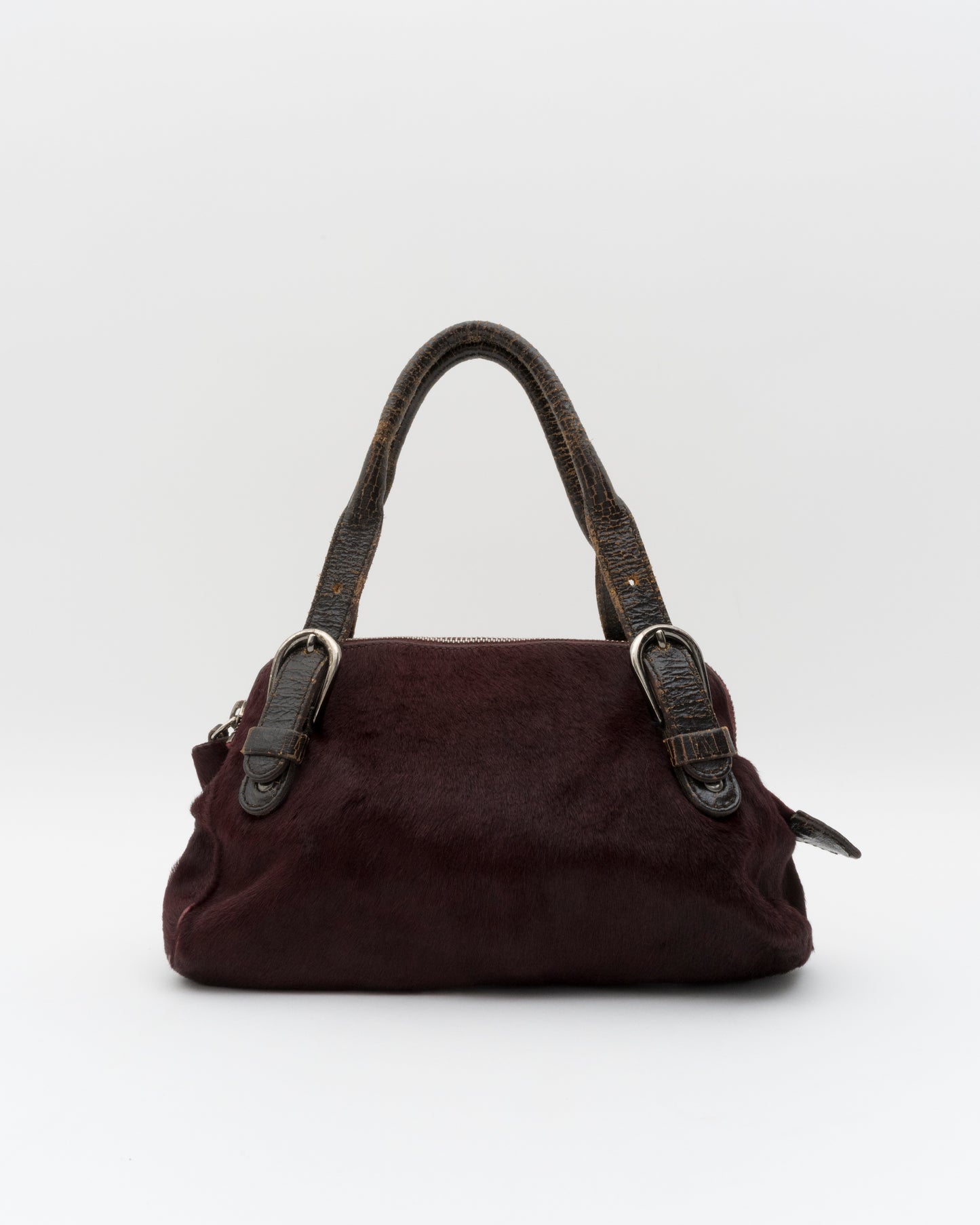 90s MIU MIU Maroon Pony Hair Crackled Mini Boston Bag