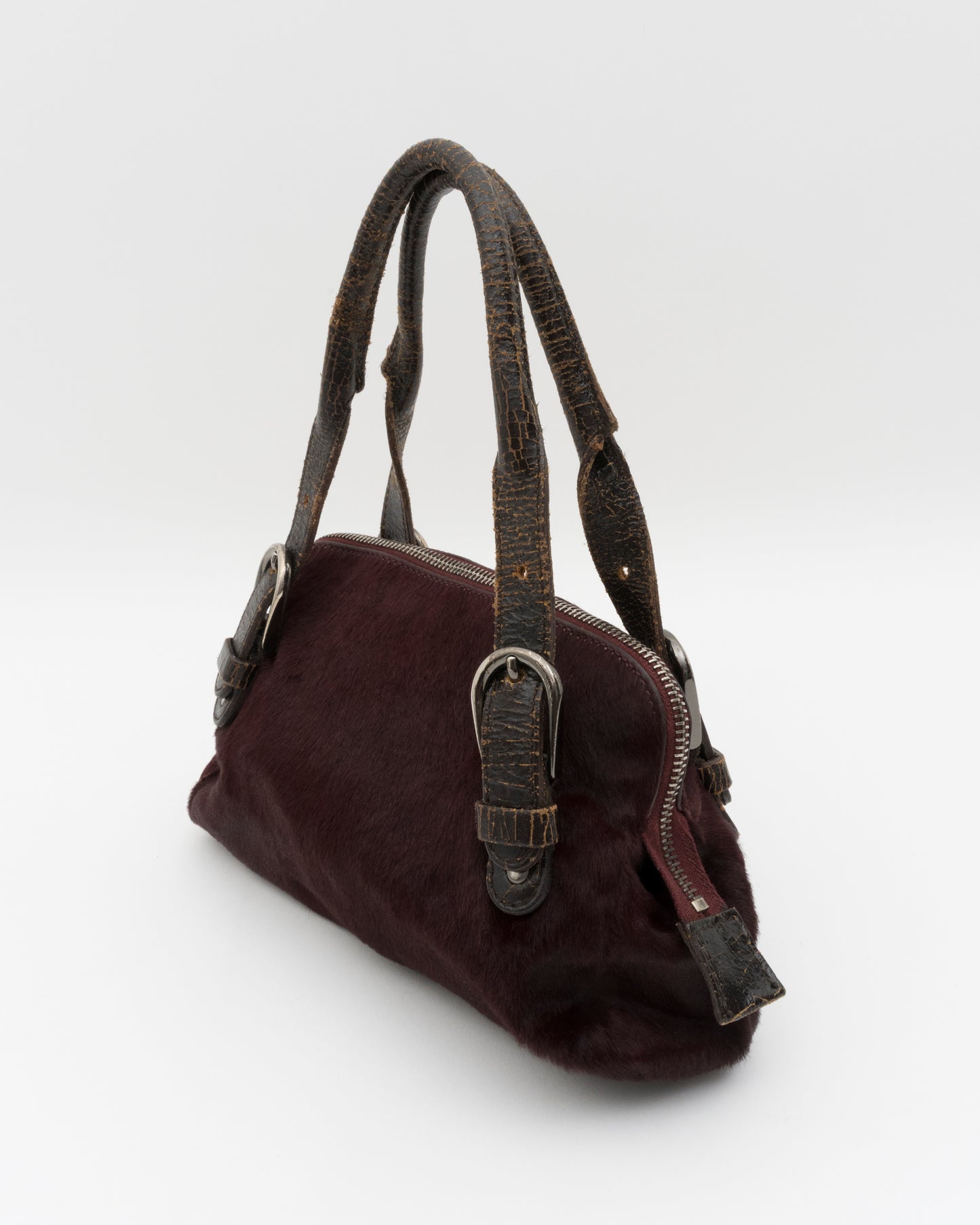 90s MIU MIU Maroon Pony Hair Crackled Mini Boston Bag