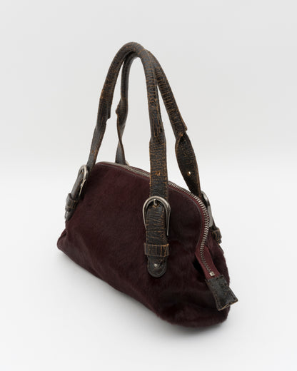 90s MIU MIU Maroon Pony Hair Crackled Mini Boston Bag