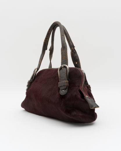 90s MIU MIU Maroon Pony Hair Crackled Mini Boston Bag