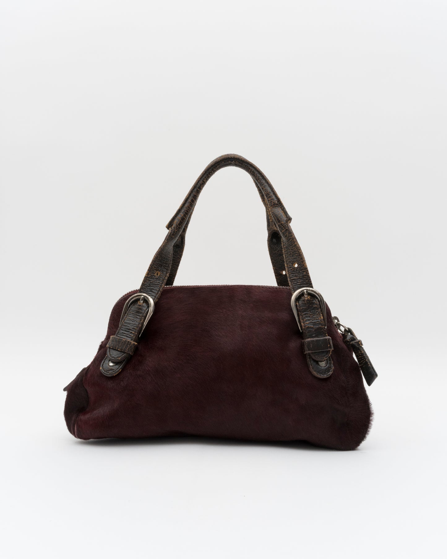 90s MIU MIU Maroon Pony Hair Crackled Mini Boston Bag
