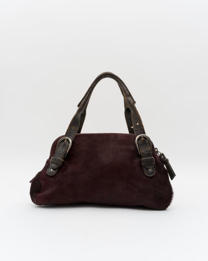 90s MIU MIU Maroon Pony Hair Crackled Mini Boston Bag