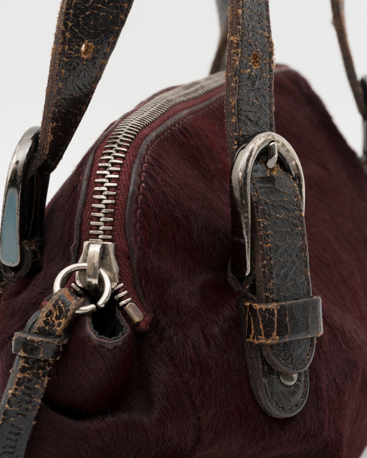 90s MIU MIU Maroon Pony Hair Crackled Mini Boston Bag