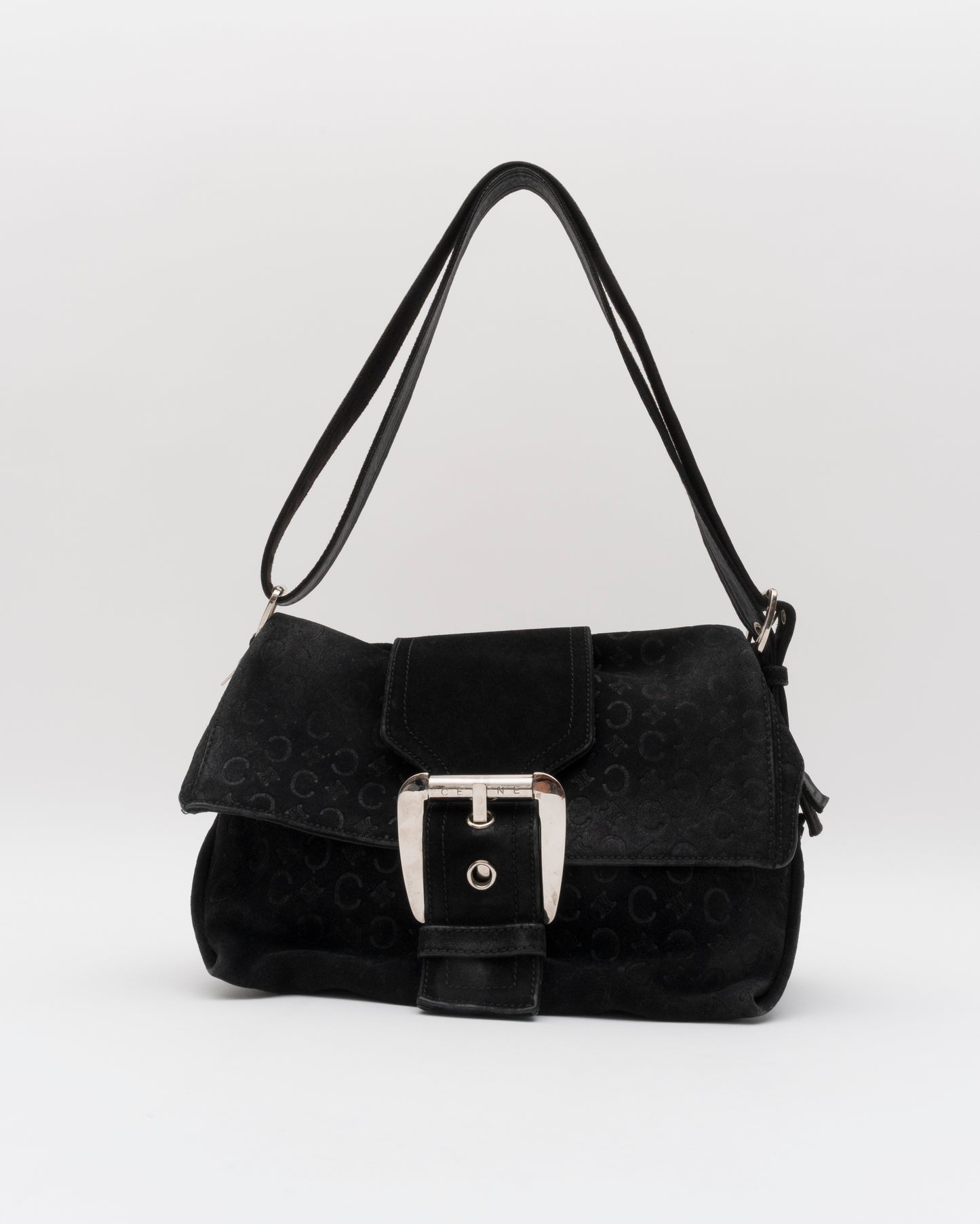 2000s CELINE Black C Macadam Suede Flap Shoulder Bag