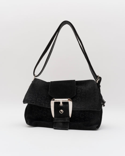 2000s CELINE Black C Macadam Suede Flap Bag