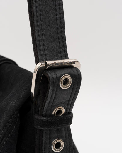 2000s CELINE Black C Macadam Suede Flap Shoulder Bag