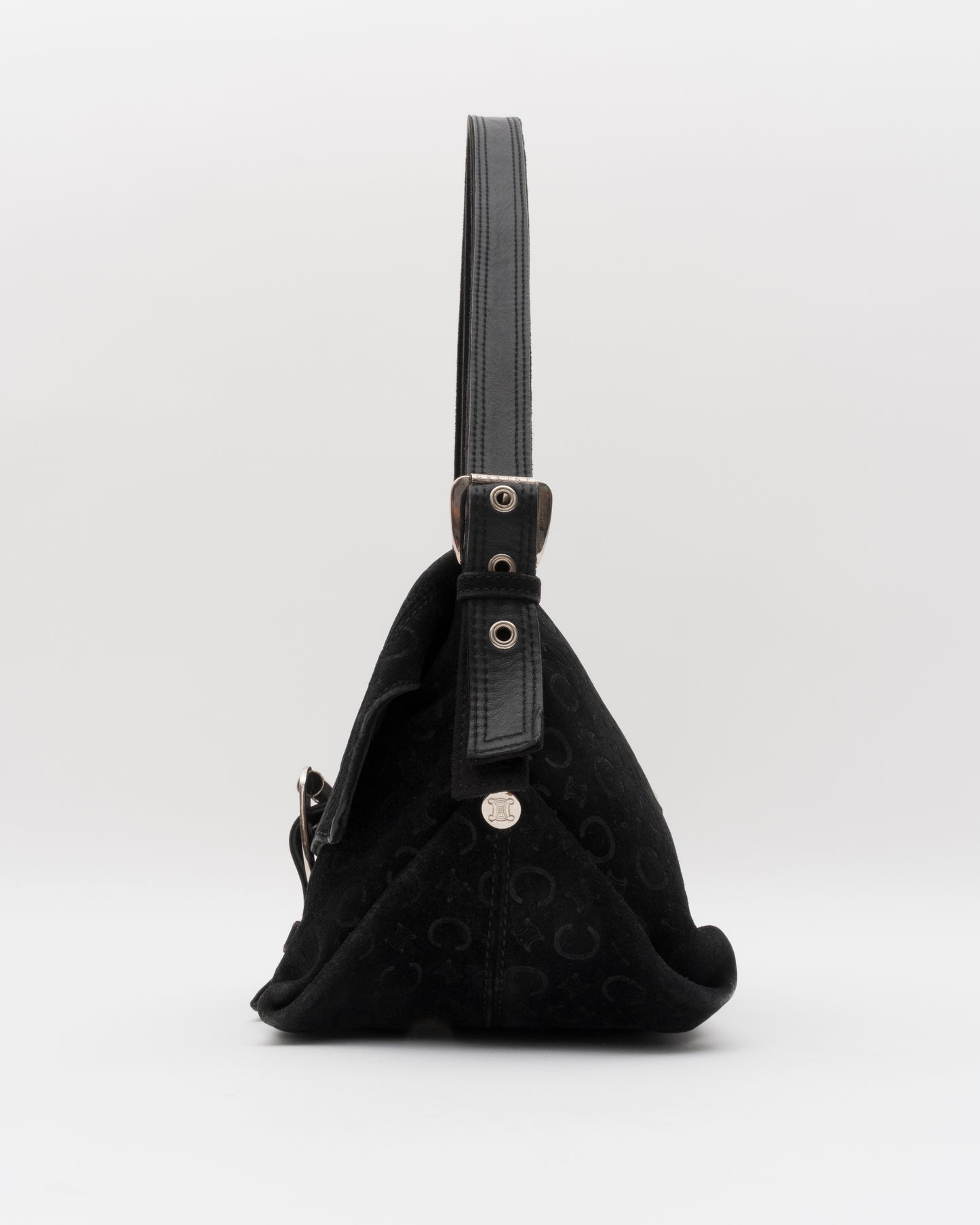 2000s CELINE Black C Macadam Suede Flap Shoulder Bag