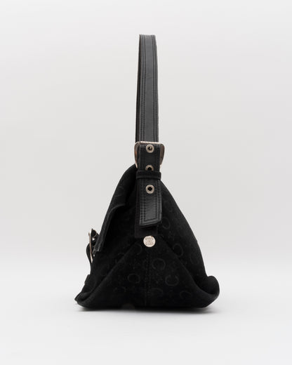 2000s CELINE Black C Macadam Suede Flap Shoulder Bag