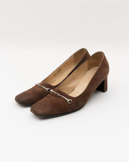 90s GUCCI Brown Horsebit Suede Leather Pumps (6)