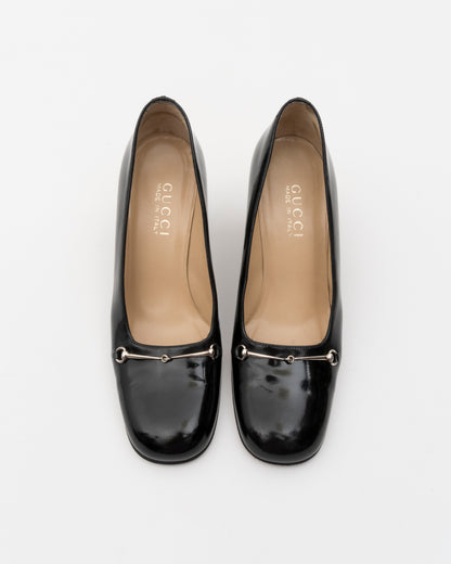 2000s GUCCI Black Horsebit Patent Leather Pumps (37)