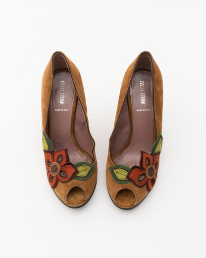 SS2005 MIU MIU Brown Suede Floral Wedges (38.5)