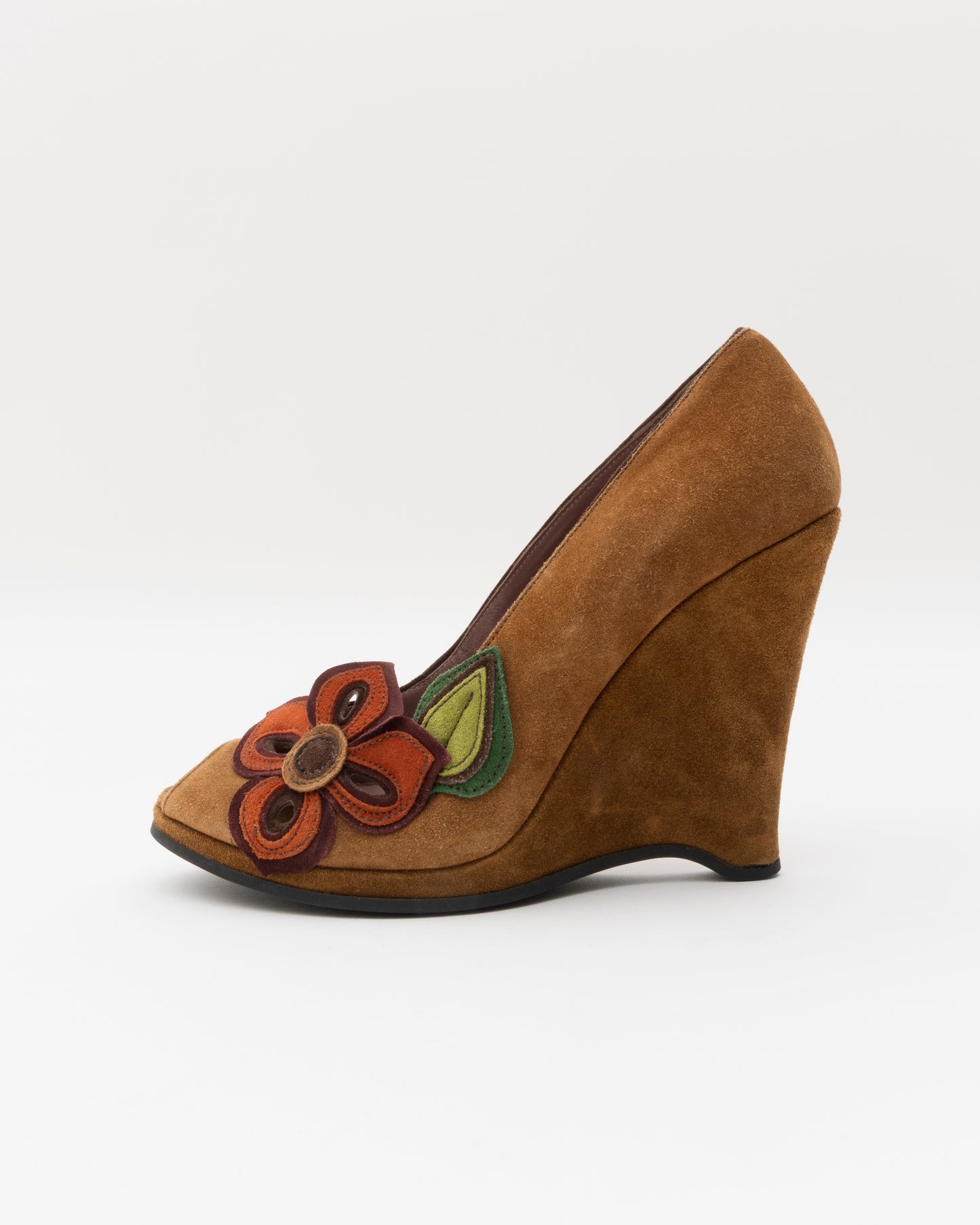 SS2005 MIU MIU Brown Suede Floral Wedges (38.5)