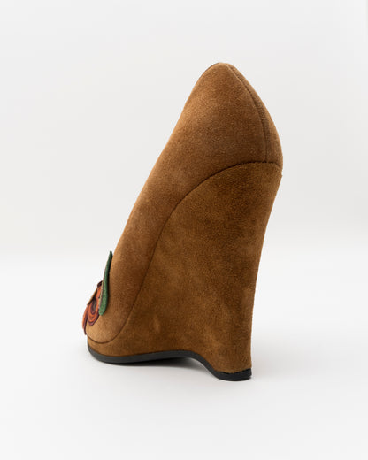 SS2005 MIU MIU Brown Suede Floral Wedges (38.5)