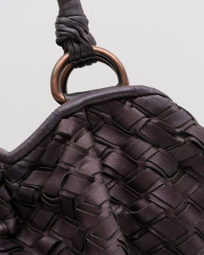 2000s MIU MIU Plum Metallic Intrecciato Woven Leather Hobo Bag