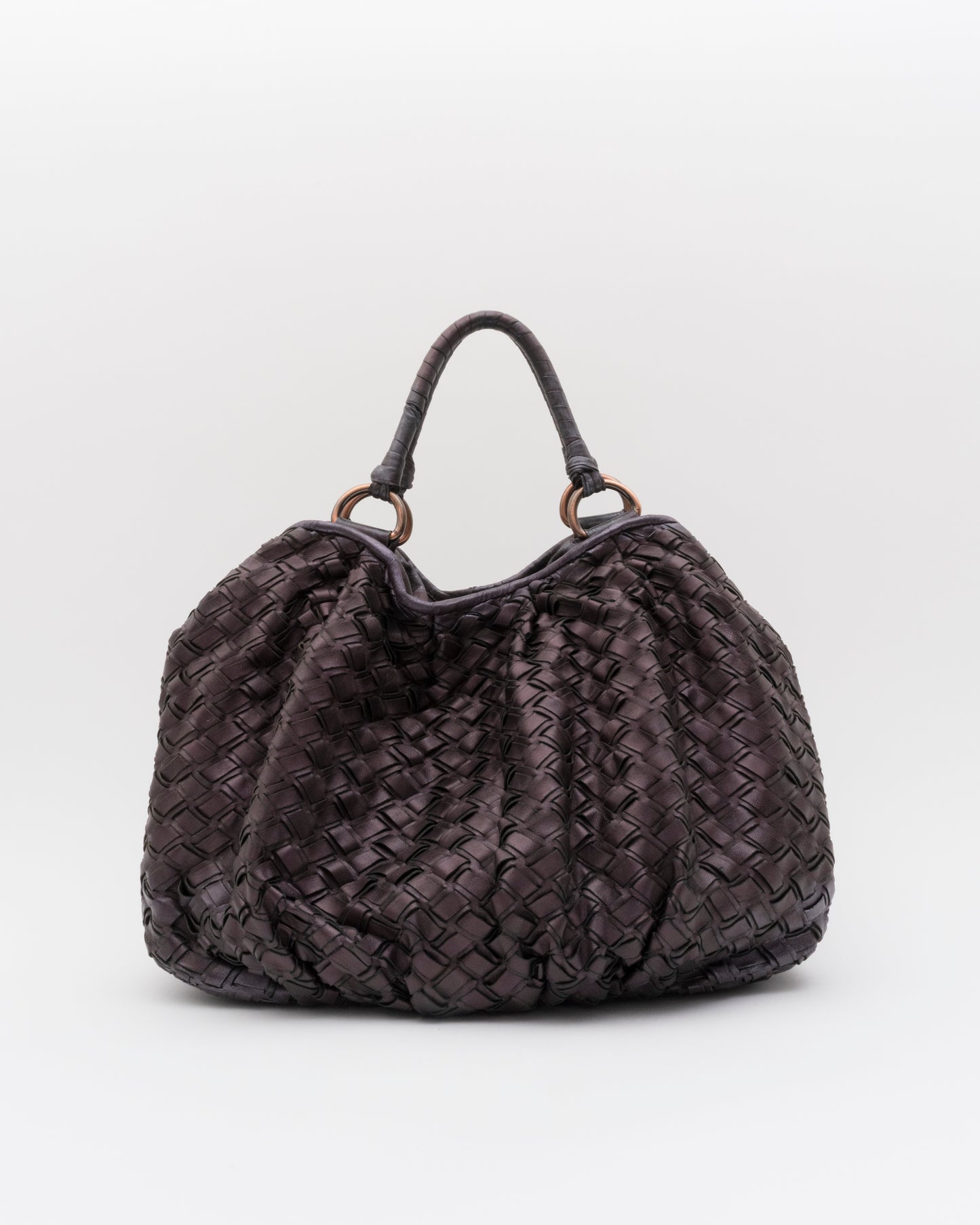 2000s MIU MIU Plum Metallic Intrecciato Woven Leather Hobo Bag