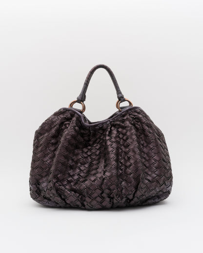 2000s MIU MIU Plum Metallic Intrecciato Woven Leather Hobo Bag