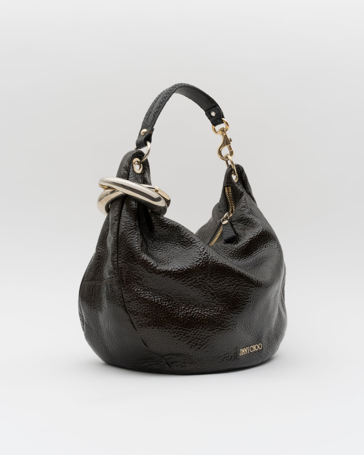 2000s JIMMY CHOO Black Iridescent Patent Leather Solar Hobo Bag