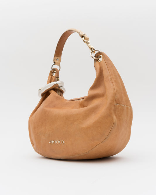 2000s JIMMY CHOO Tan Nubuck Leather Solar Hobo Bag