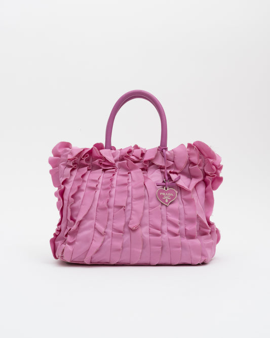 2000s PRADA Pink Tesstuto Ruffle Bag w/Charm