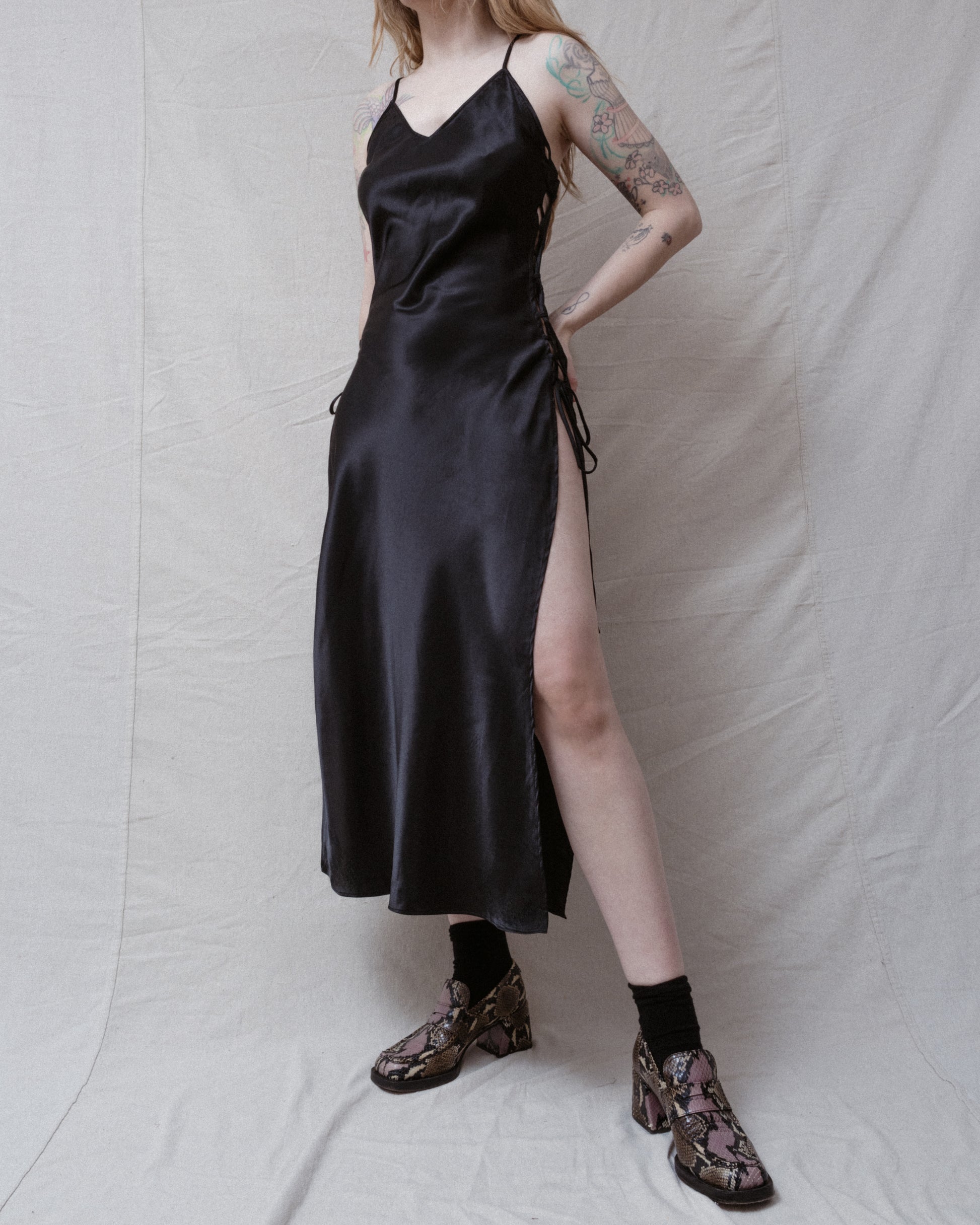 Vintage Black Satin Slip Dress (S/M) Closed Caption Vintage Black Satin Slip Dress (S/M) Closed Caption