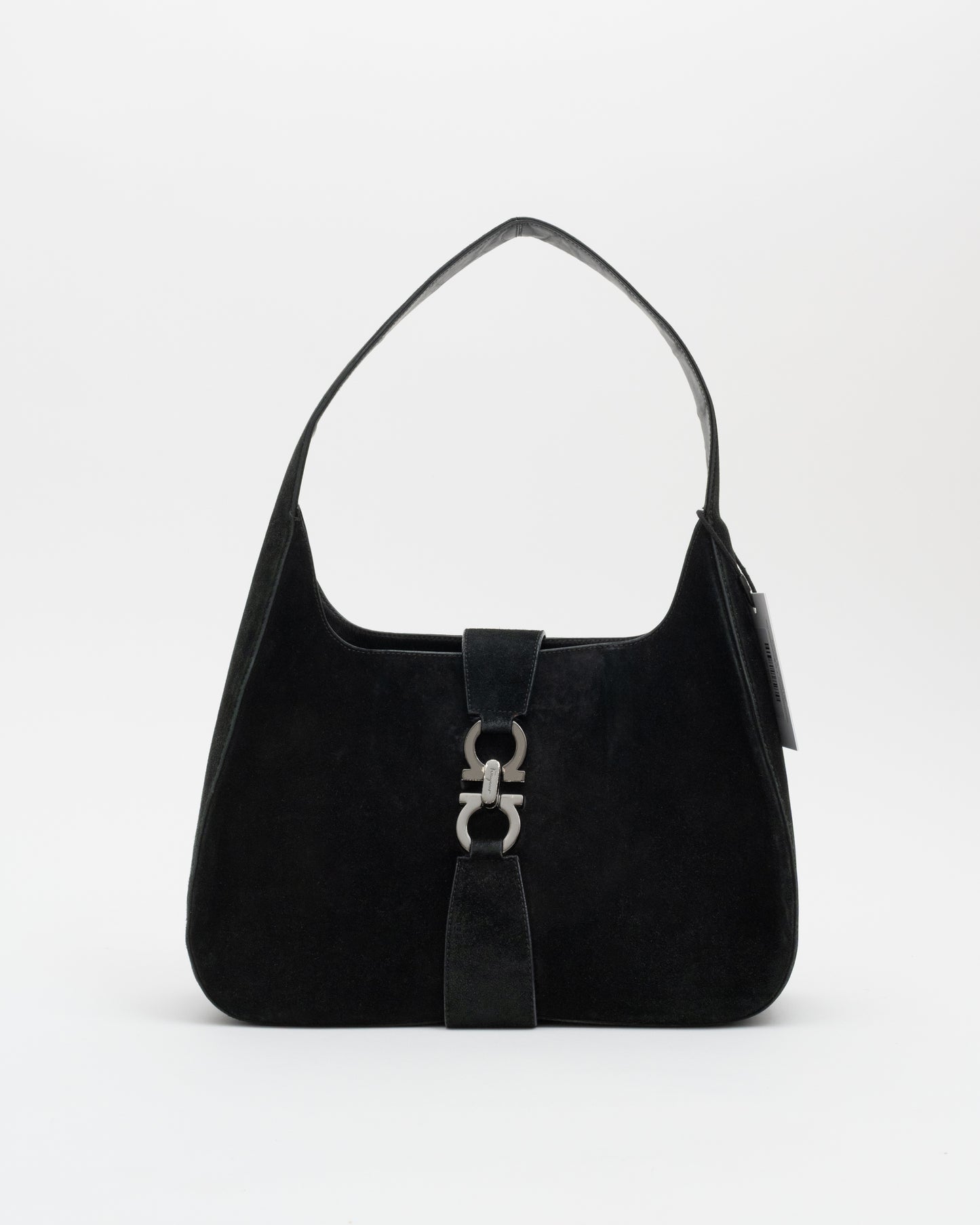 90s SALVATORE FERRAGAMO Black Suede Gancini Shoulder Bag