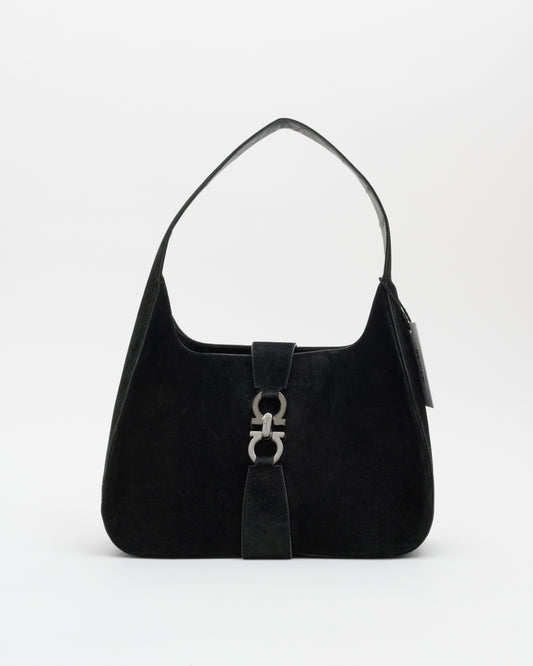 90s SALVATORE FERRAGAMO Black Suede Gancini Shoulder Bag