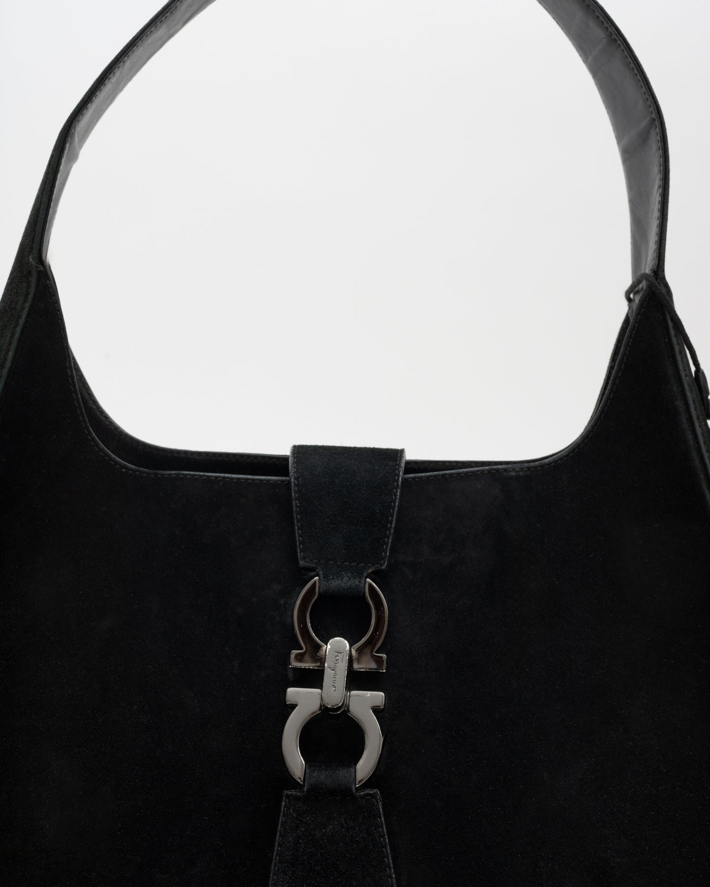 90s SALVATORE FERRAGAMO Black Suede Gancini Shoulder Bag