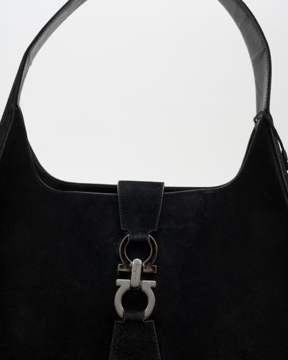 90s SALVATORE FERRAGAMO Black Suede Gancini Shoulder Bag