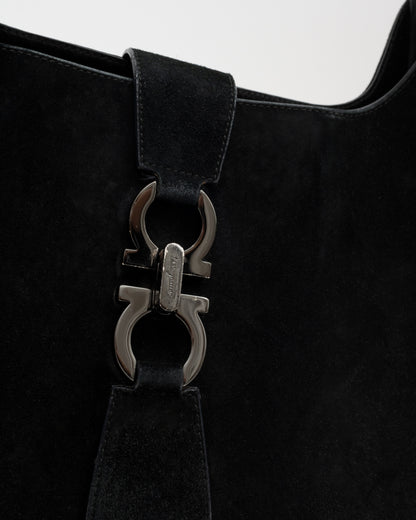 90s SALVATORE FERRAGAMO Black Suede Gancini Shoulder Bag