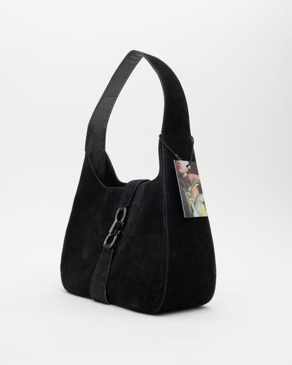90s SALVATORE FERRAGAMO Black Suede Gancini Shoulder Bag