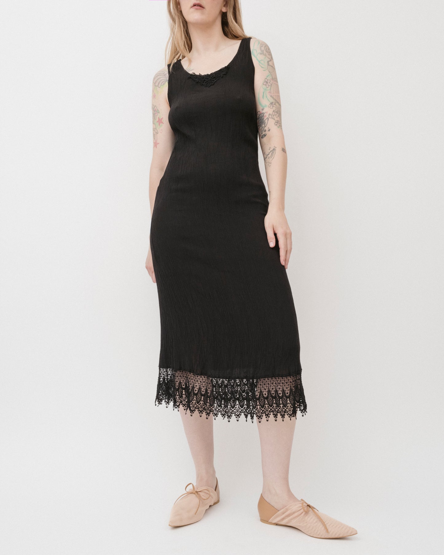 Vintage 90s Black Crinkle Slip Dress (S/M)