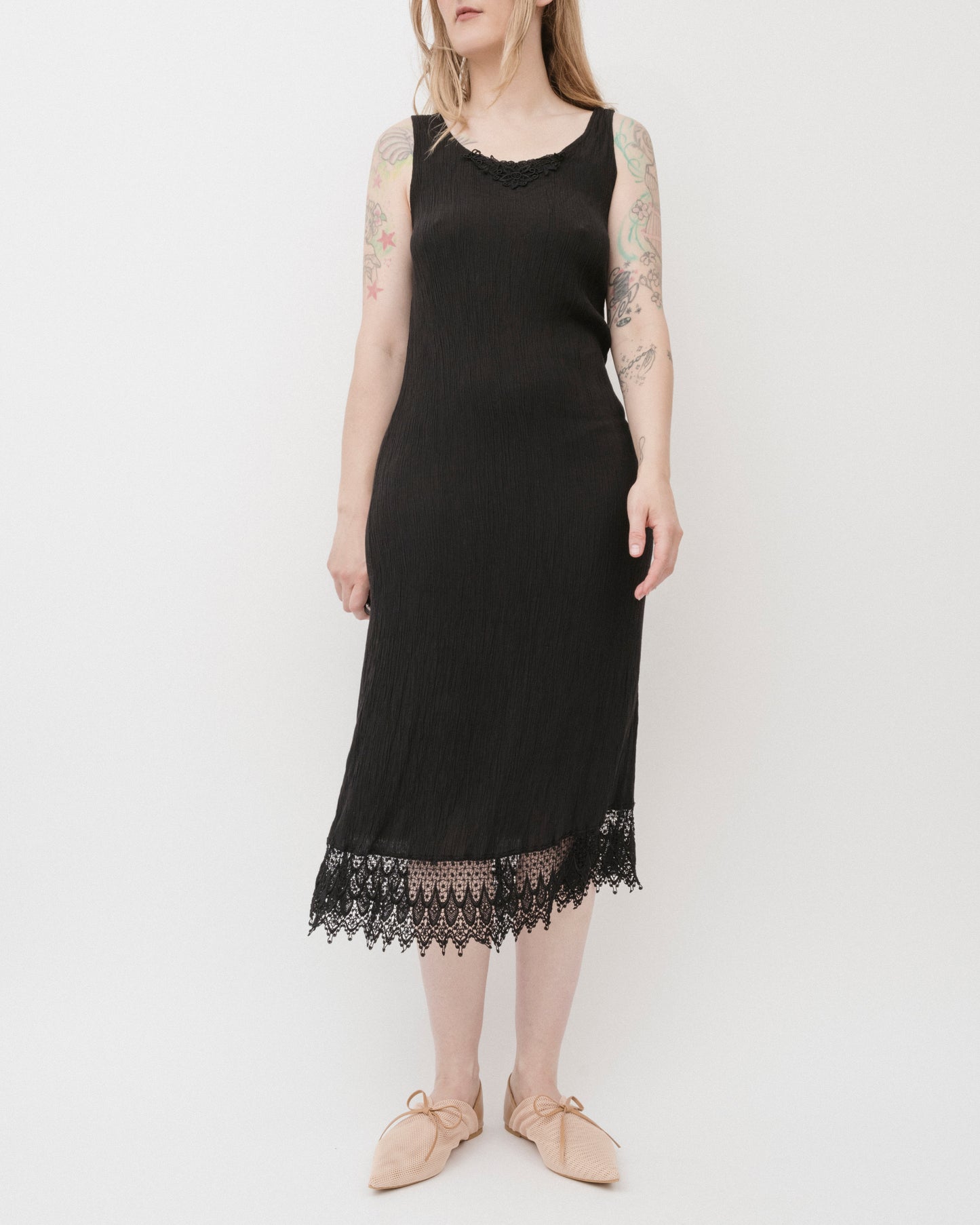 Vintage 90s Black Crinkle Slip Dress (S/M)