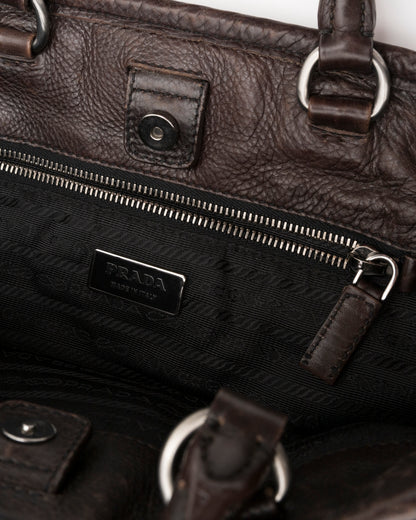 2000s PRADA Brown Leather & Tessuto Nylon Whipstitch Bag