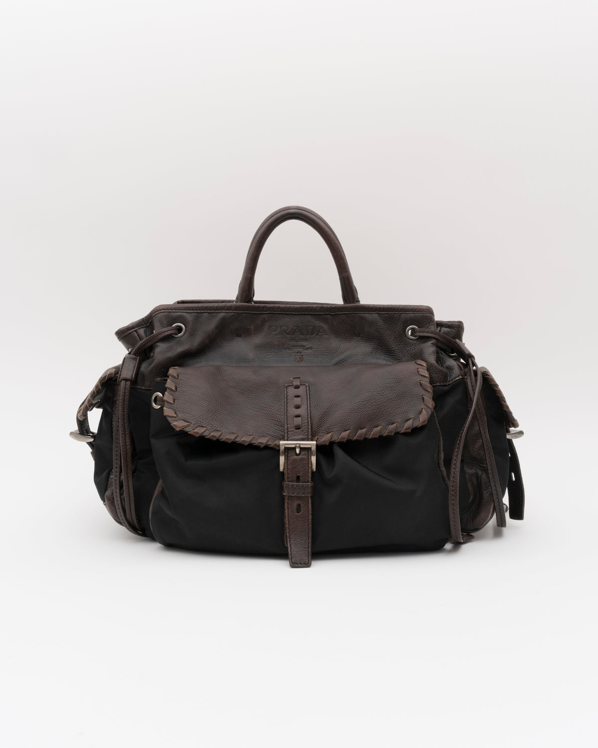 2000s PRADA Brown Leather & Tessuto Nylon Whipstitch Bag