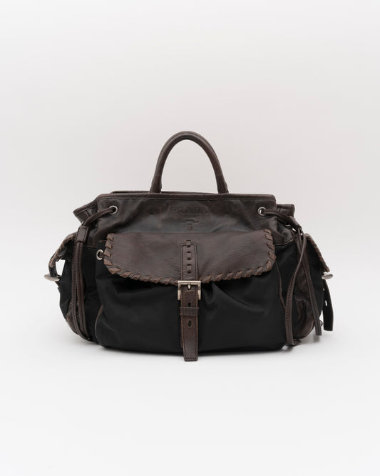 2000s PRADA Brown Leather & Tessuto Nylon Whipstitch Bag